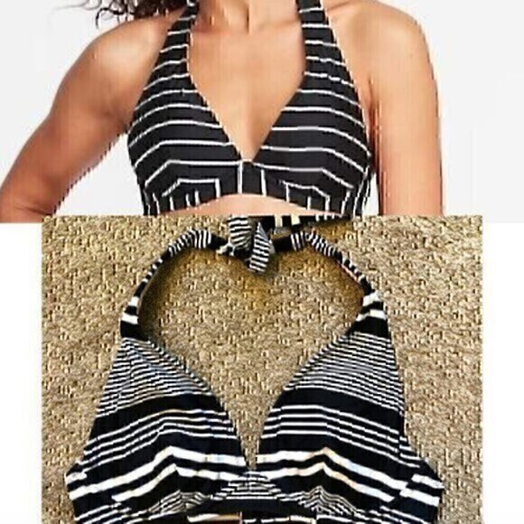 OLD NAVY Black White Stripe Halter Tie Underwire Padded Swim Top Swimwear Small - Picture 1 of 9